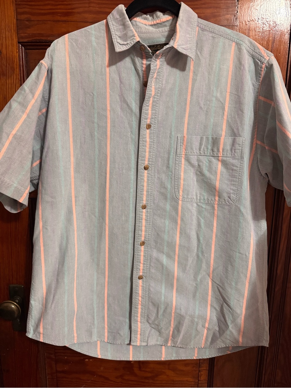 Vintage Pastel Eddie Bauer Men’s Striped Short-Sleeve 100% Cotton Shirt – Large